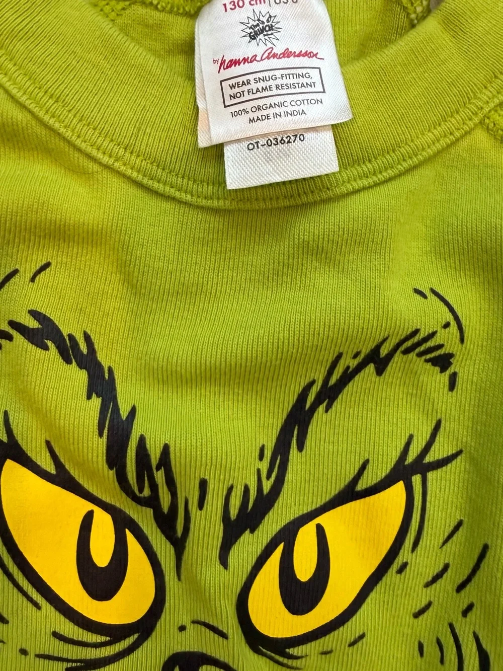 Hanna Andersson Lime Green Grinch Face Pajama Set with Striped Pants sz 8